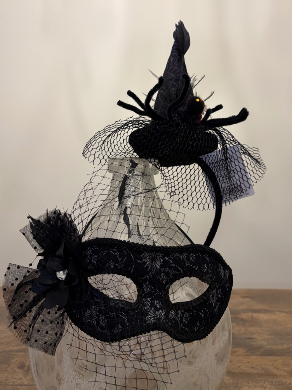 Halloween Witch Hat Headband Spider Web AND Lace Mask Sequin Feather Rhinestone